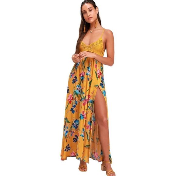 Lulu's Leala Womens Mustard Yellow Floral Print Maxi Dress Size Medium Crochet - Picture 1 of 13